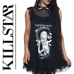 “Killstar” Hex babydoll dress black with graphic witch print front- S